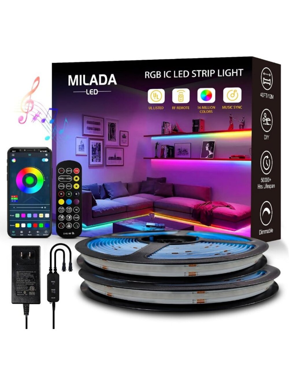 COB RGB Smart IC Strip Lights 40FT Color Flowing Strip Light